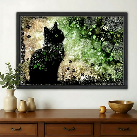 Black Cat in Clover Garden Wall Art – Enchanted Botanical Fantasy Canvas Print on Natural Wood Frame | W2167