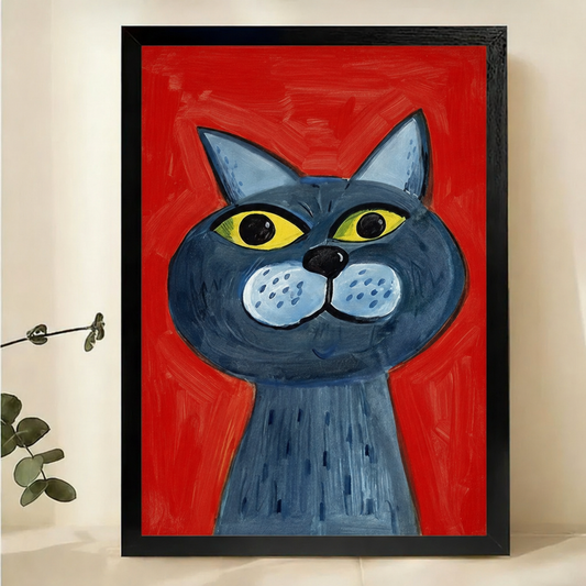 Blue Cat on Red Wall Art – Bold Neo-Expressionist Canvas Print on Natural Wood Frame | W2202