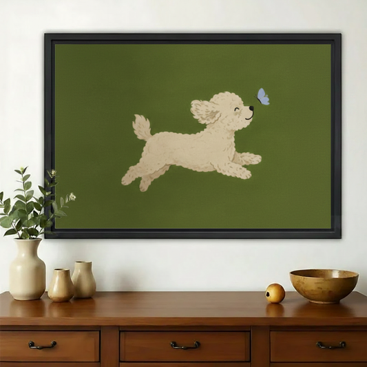 Fluffy Puppy Chasing Butterfly Wall Art – Joyful Minimalist Dog Canvas Print on Natural Wood Frame | W2257