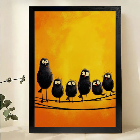 Fluffy Black Birds on a Wire Wall Art – Quirky Illustrated Animal Canvas Print on Natural Wood Frame | W2323