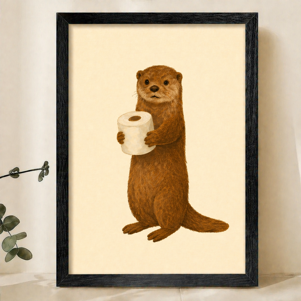 Otter with Toilet Paper Wall Art – Cute Bathroom Animal Canvas Print on Natural Wood Frame | W2134