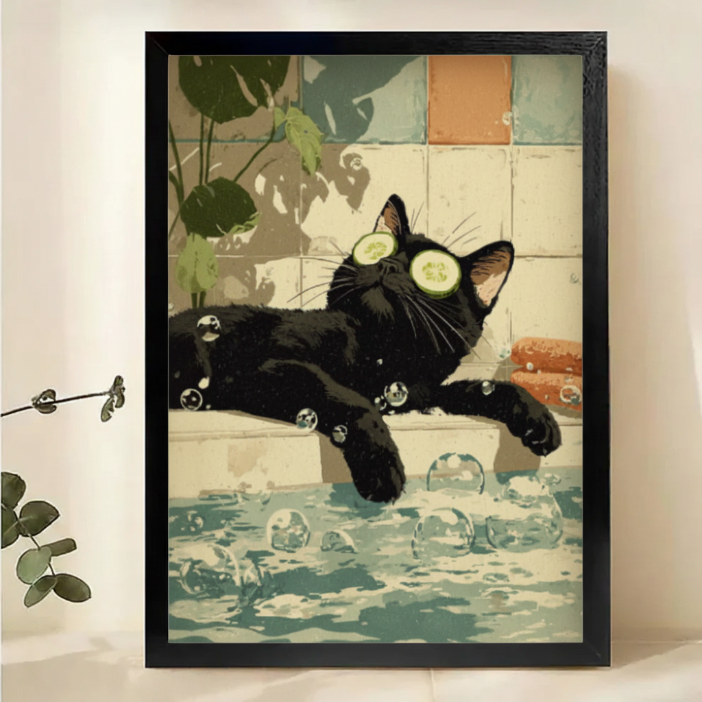 Black Cat Spa Bath Wall Art – Whimsical Luxury Cat Canvas Print on Natural Wood Frame | W2266