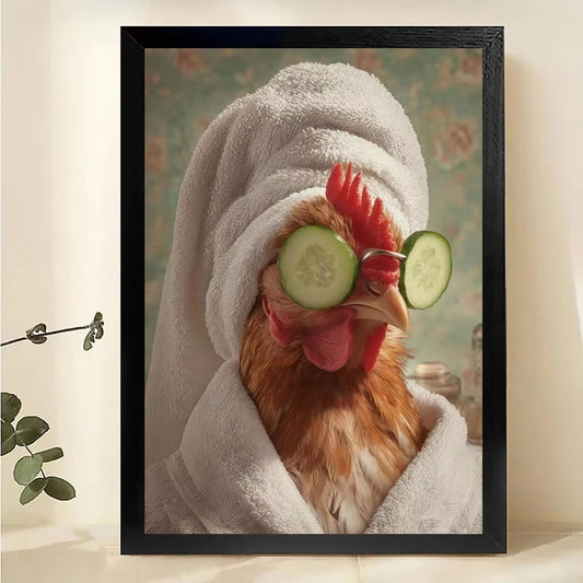 Chicken Spa Day Framed Art – Funny Rooster with Cucumber Eyes Print| W1033