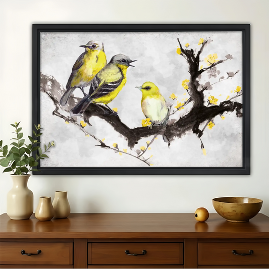 Three Yellow Birds on Blossoming Branch Wall Art - Asian Watercolor Canvas Print| W1365