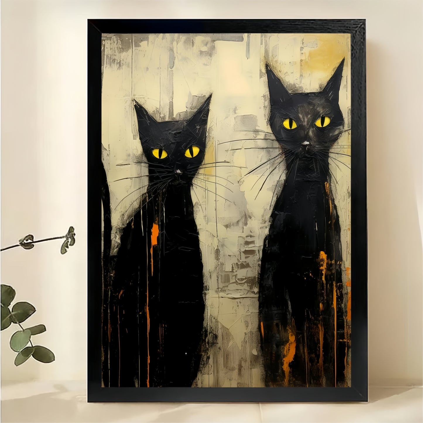 Two Black Cats Wall Art - Abstract Oil Painting Print|W1303
