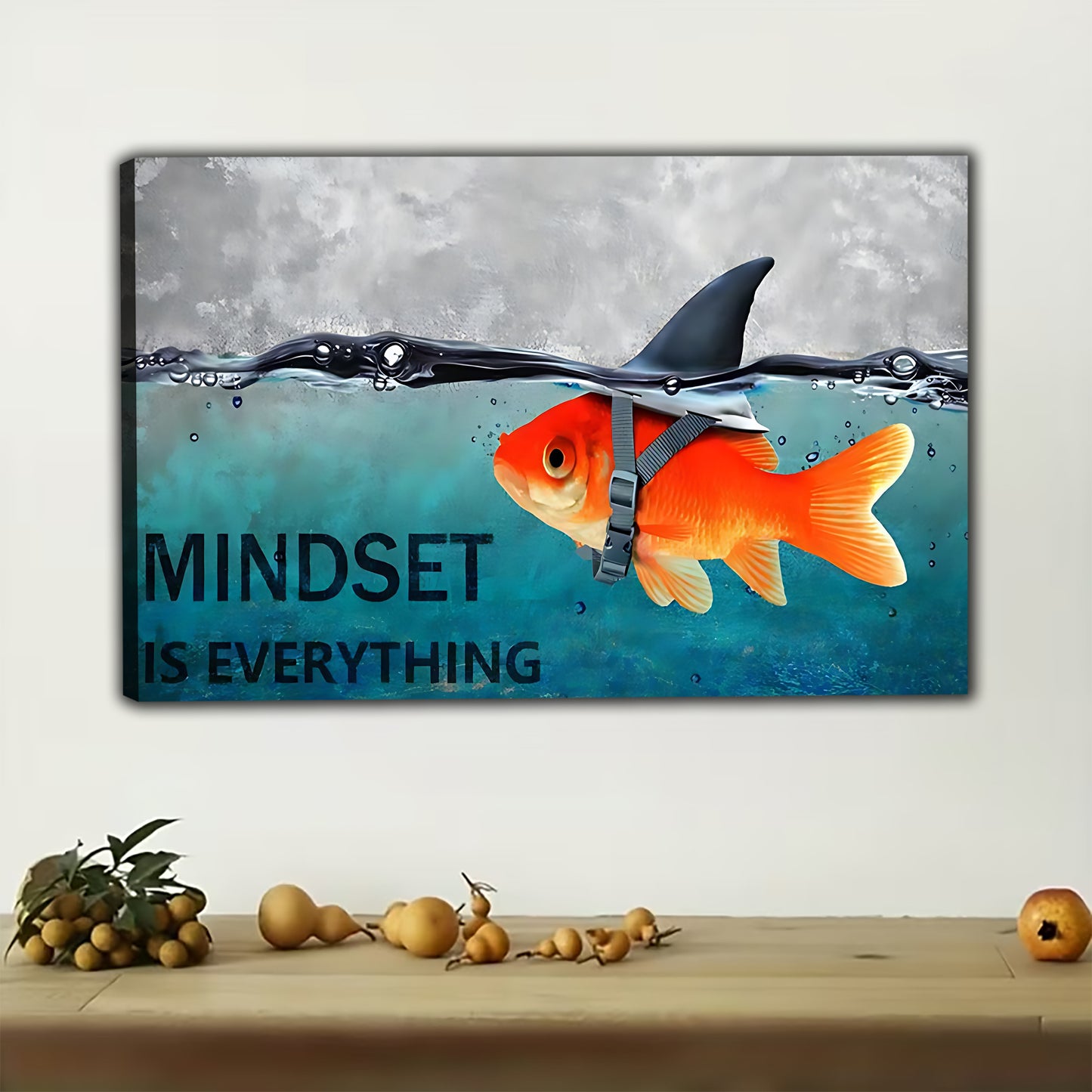 The Mindset Is Everything Fish – Inspirational Shark & Goldfish Wall Art on Natural Wood Grain Canvas | W495