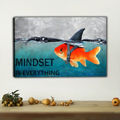 The Mindset Is Everything Fish – Inspirational Shark & Goldfish Wall Art on Natural Wood Grain Canvas | W495