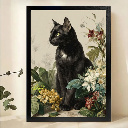 Black Cat Among Botanical Flowers Wall Art - Vintage Floral Canvas Print|W1369