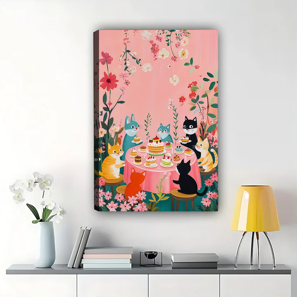 Cats Tea Party Wall Art - Whimsical Garden Canvas Print|W1093
