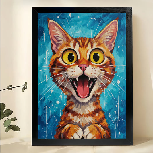 The Wide-Eyed Surprised Tabby – Vibrant Artistic Wall Art on Natural Wood Canvas | W610