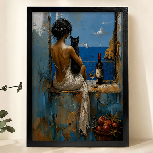 Woman with Black Cat on a Mediterranean Balcony Wall Art – Luxury Impasto Oil Painting Canvas Print on Natural Wood Frame | W2236
