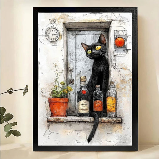 Black Cat by Vintage Door with Wine Bottles Wall Art - Rustic Canvas Print|W1345