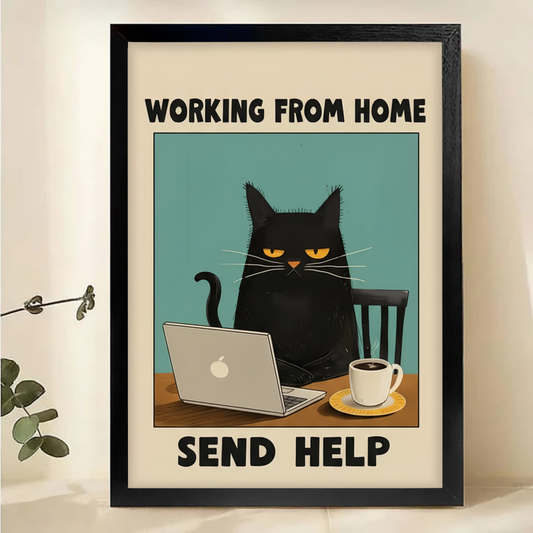 Working From Home Cat Poster - Funny Black Cat Office Wall Art Print|W1156