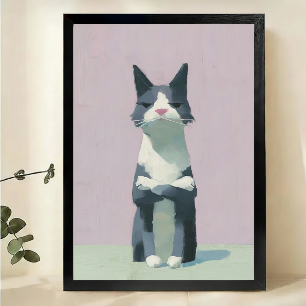 Grumpy Cat with Crossed Arms Wall Art – Minimalist Modern Cat Canvas Print on Natural Wood Frame | W2103