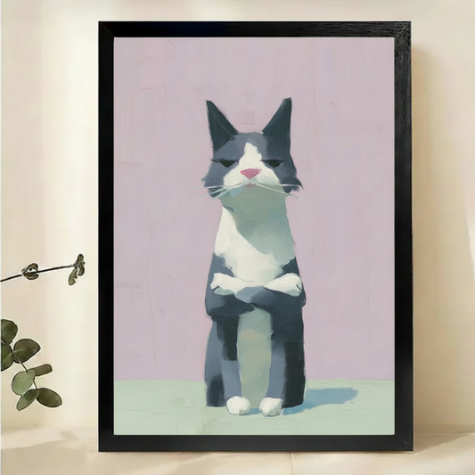 Grumpy Cat with Crossed Arms Wall Art – Minimalist Modern Cat Canvas Print on Natural Wood Frame | W2103