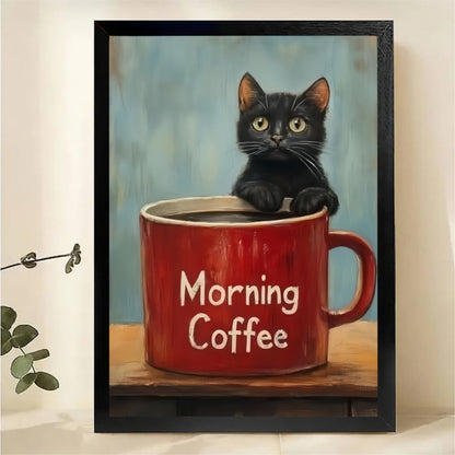 Black Cat in Coffee Mug Wall Art - Morning Coffee Canvas Print|W1332