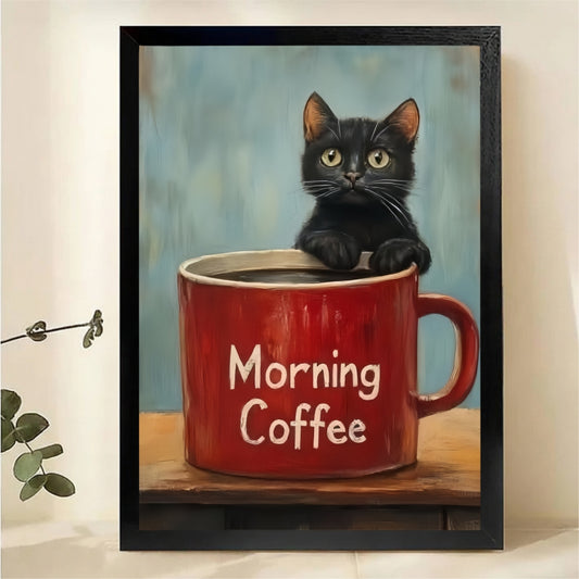 Black Cat in Coffee Mug Wall Art - Morning Coffee Canvas Print|W1332