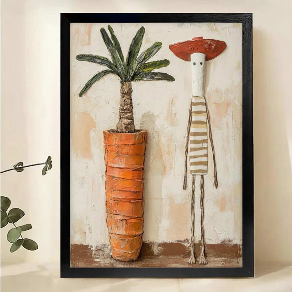 Striped Figure & Potted Palm Wall Art – Naive Art Outsider Canvas Print on Natural Wood Frame | W2195