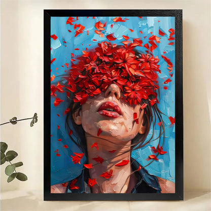 Woman with Red Flowers Wall Art - Contemporary Portrait Print|W1239
