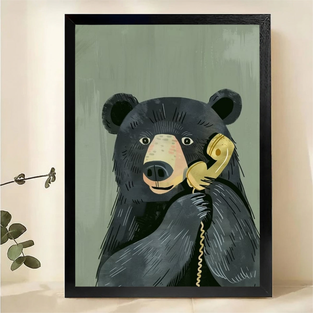 Black Bear Talking on Vintage Phone Wall Art - Funny Animal Canvas Print|W1442