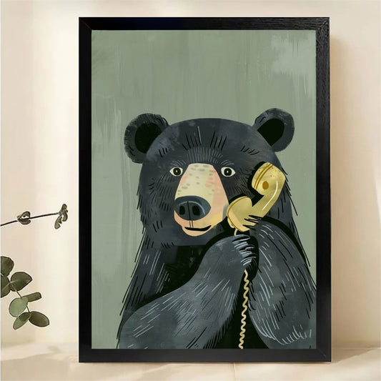 Black Bear Talking on Vintage Phone Wall Art - Funny Animal Canvas Print|W1442
