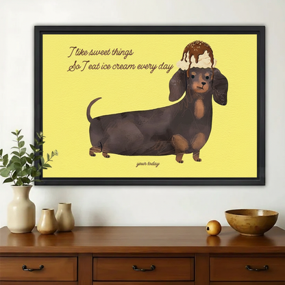 Ice Cream Dachshund Quote Wall Art – Funny Yellow Dog Canvas Print on Natural Wood Frame | W2180