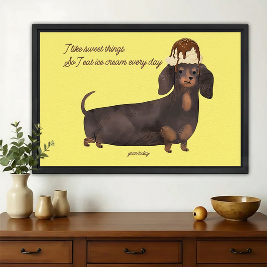 Ice Cream Dachshund Quote Wall Art – Funny Yellow Dog Canvas Print on Natural Wood Frame | W2180