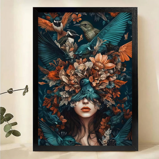 Surreal Woman with Birds and Flowers Wall Art Canvas|W1097