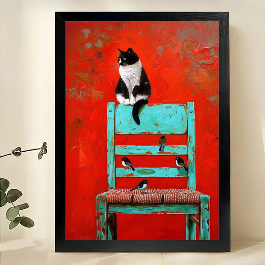 Tuxedo Cat on a Turquoise Chair Wall Art – Dramatic Oil Painting Canvas Print on Natural Wood Frame | W2297