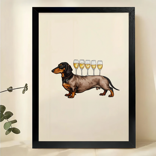 The Wine-Glass-Toting Dachshund – Playful Luxe Wall Art on Natural Wood Canvas | W616