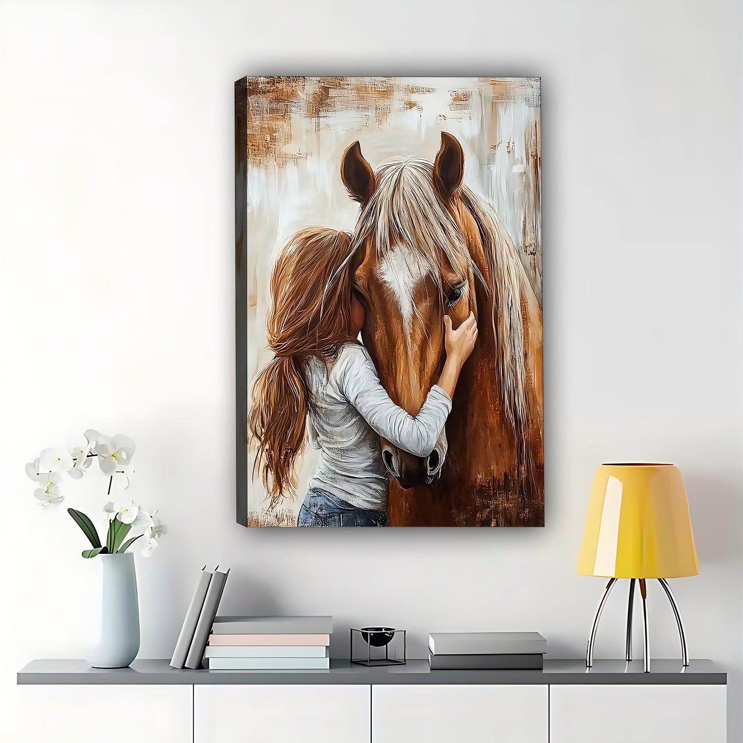 Girl Horse Embrace – Warm Animal Portrait Wall Art on Natural Wood Canvas | W507