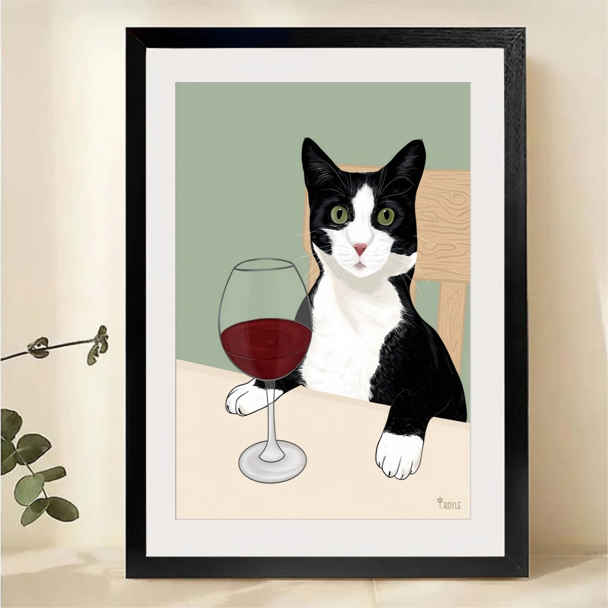 Tuxedo Cat with Red Wine Glass Wall Art - Minimalist Illustrated Canvas Print|W1397