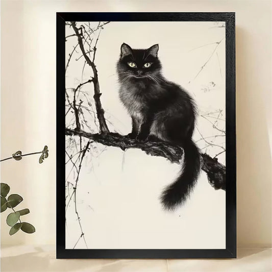 Fluffy Black Cat on Bare Branch Wall Art - Dark Moody Ink Drawing Canvas Print|W1451