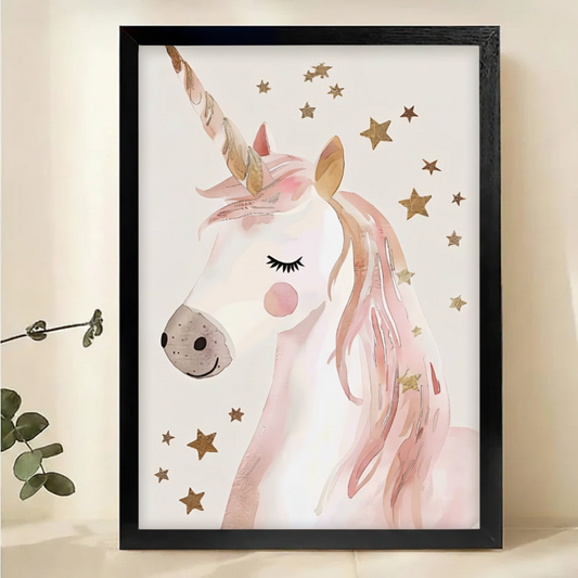 Dreamy Pink Unicorn Wall Art – Whimsical Watercolor Canvas Print on Natural Wood Frame | W2117