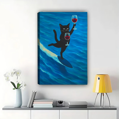Surfing Cat Wine Canvas Print - Funny Beach Vibes Wall Art|W1184
