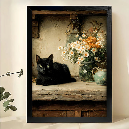 Vintage Black Cat on Wooden Table – Timeless Still Life Wall Art on Natural Wood Canvas | W805