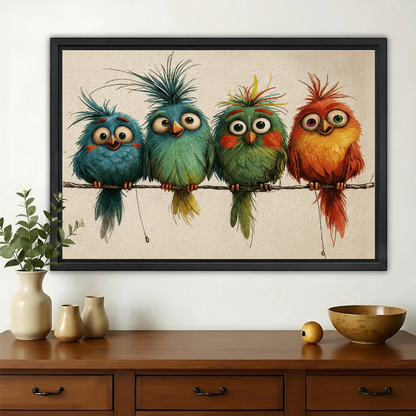 Four Crazy Colorful Birds on a Wire Wall Art – Funny Cartoon Canvas Print on Natural Wood Frame | W2206