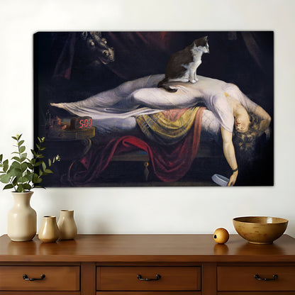 Black Cat on Classic Painting – Artistic Parody Wall Art on Natural Wood Canvas | W838
