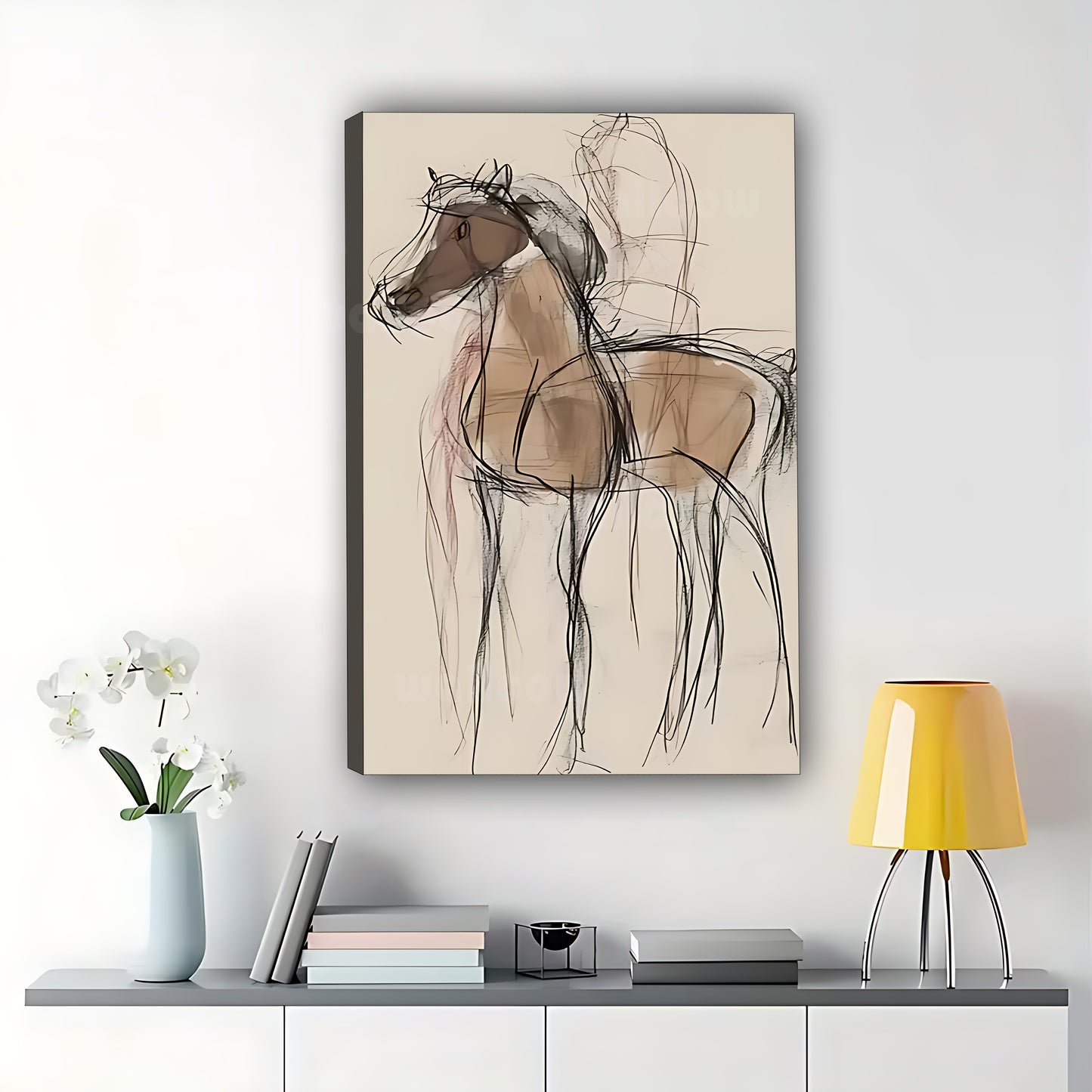 The Minimalist Sketch Horse – Modern Line Art Wall Art on Natural Wood Canvas | W601