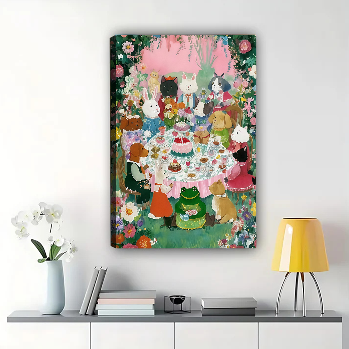 Colorful Cats Tea Party Wall Art - Whimsical Canvas Print|W1094