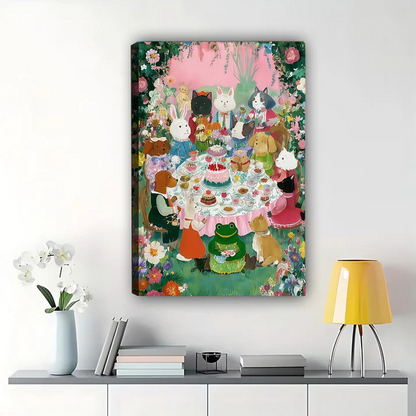 Colorful Cats Tea Party Wall Art - Whimsical Canvas Print|W1094