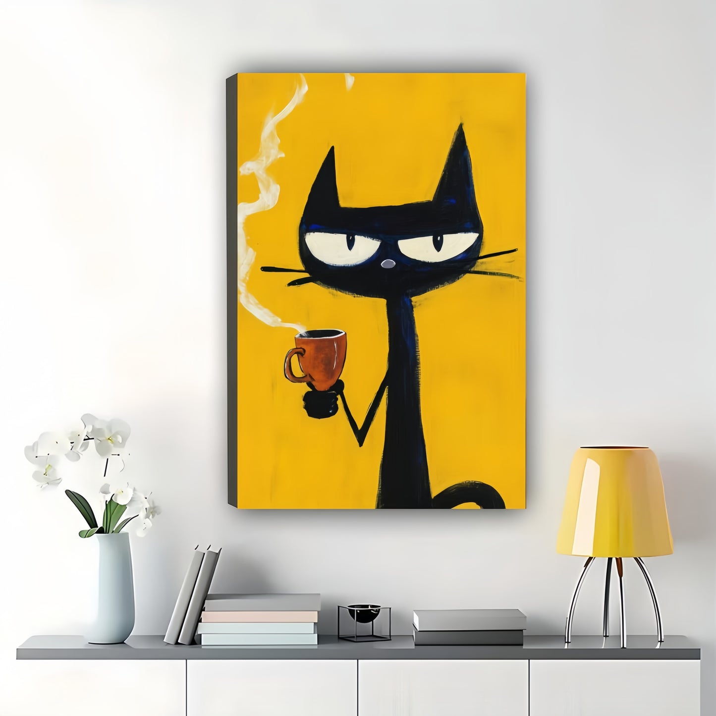 Retro Sassy Black Cat with Coffee Cup – Bold Yellow Background Wall Art on Natural Wood Canvas | W720