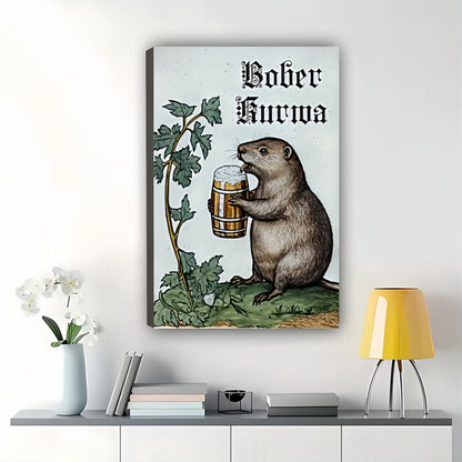 The Beer Beaver Bober Kurwa – Retro Humorous Wall Art on Natural Wood Canvas | W657