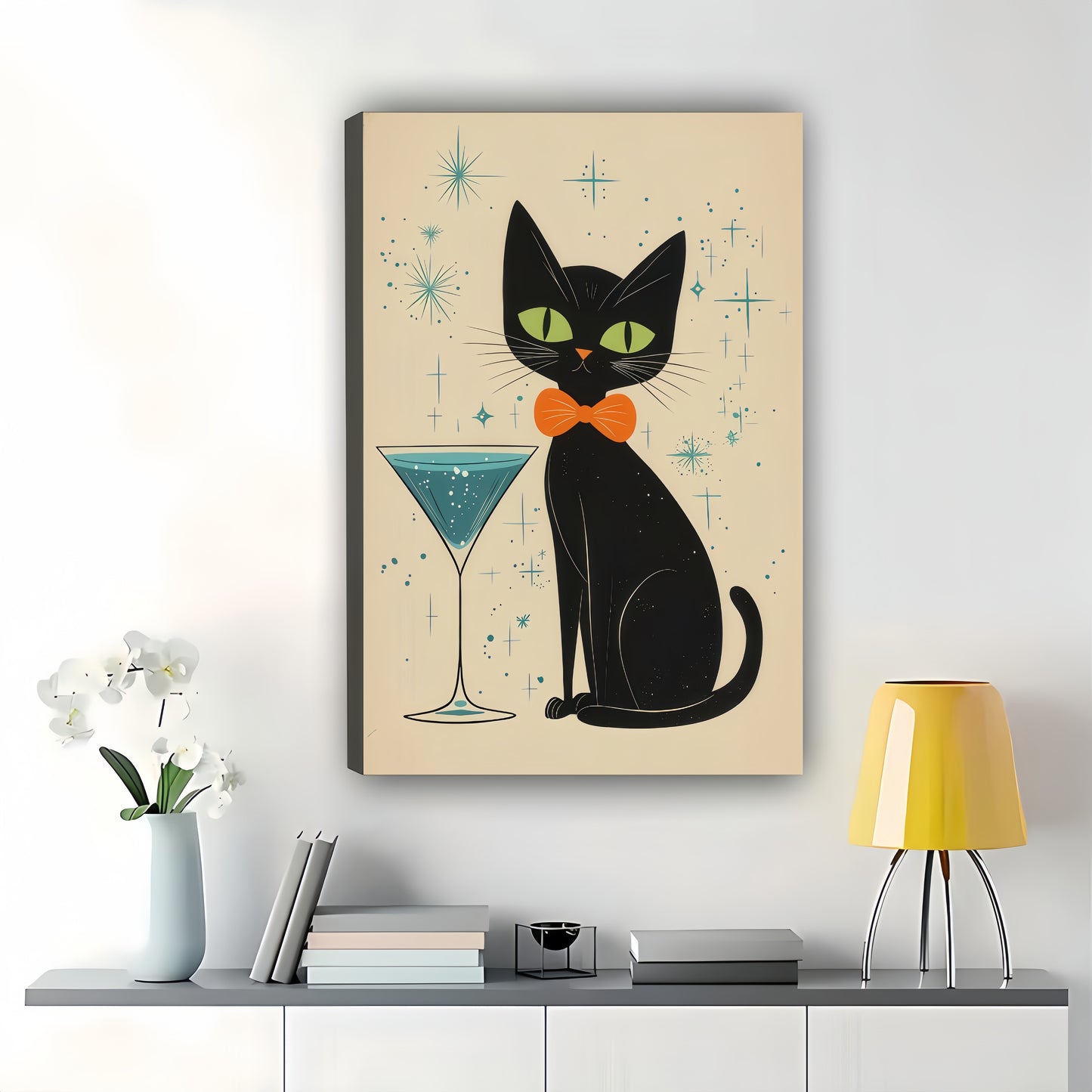 Mid-Century Black Cat with Martini – Retro Starry Background Wall Art on Natural Wood Canvas | W717