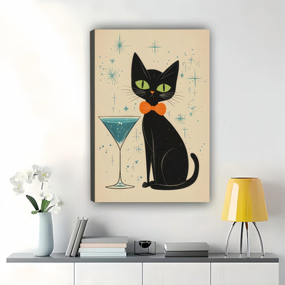 Mid-Century Black Cat with Martini – Retro Starry Background Wall Art on Natural Wood Canvas | W717