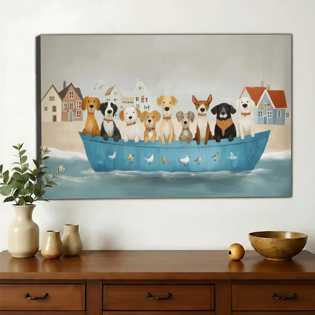 Whimsical Dog Noah’s Ark – Playful Nautical Pet Wall Art on Natural Wood Canvas | W812