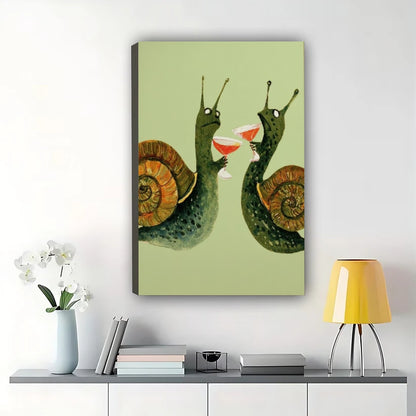 Snails Toasting with Wine Wall Art – Cute Whimsical Snail Couple Canvas Print on Natural Wood Frame | W2427