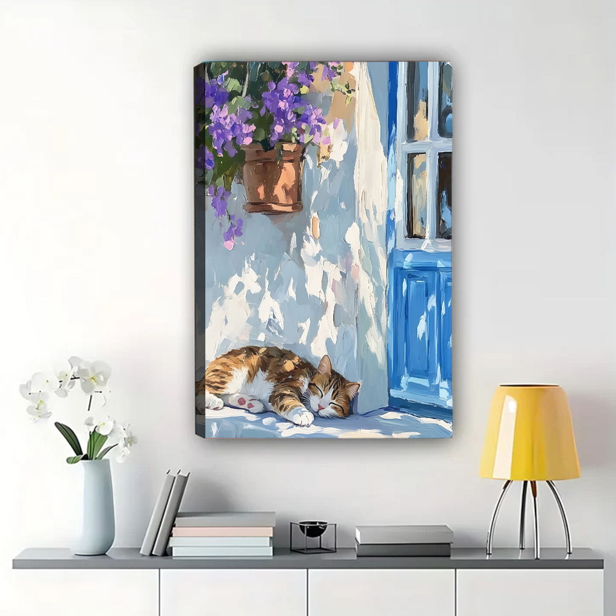 Sleeping Cat with Purple Flowers Canvas Wall Art - Mediterranean Blue Door Print|W1151