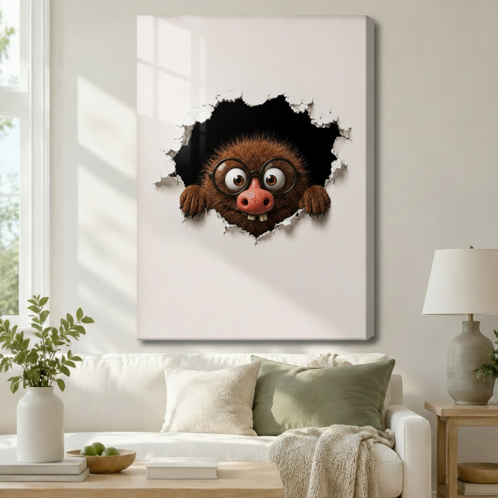 Fuzzy Monster Peeking Through Wall  Canvas Print w6086