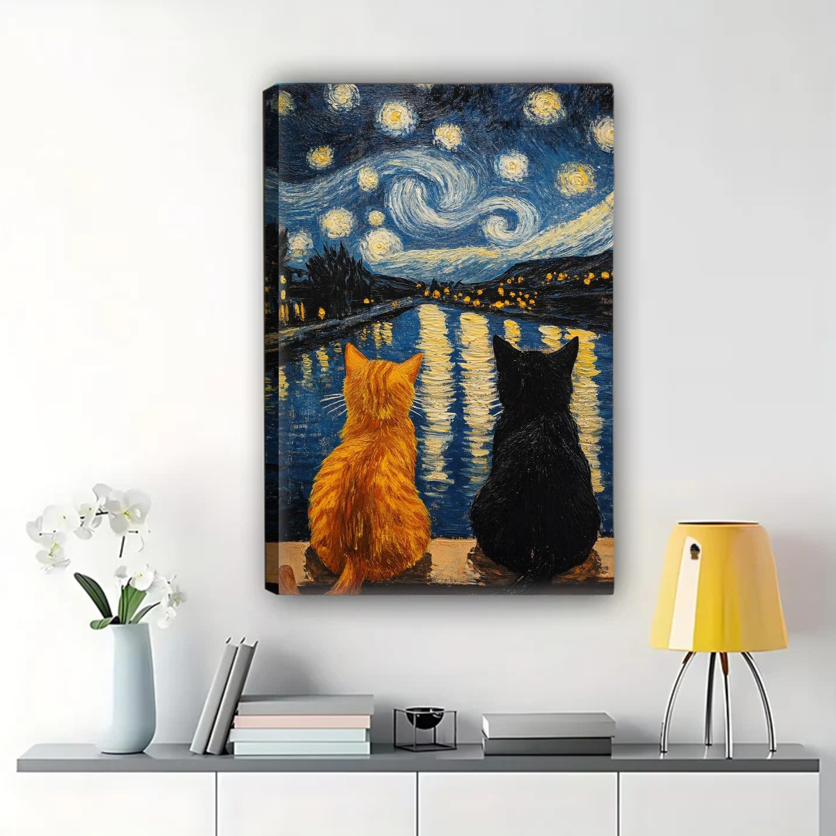 Cats Under Starry Night - Van Gogh Inspired Canvas Wall Art|W1172